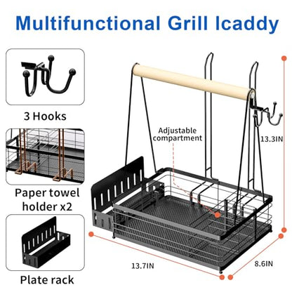 Grill Caddy with Plate Holder and 2Paper Towel Holder, Picnic BBQ Condiment Utensil Organizer Caddy for Outdoor Cooking, RV, Camping Essential, Camper Must Haves, Grilling Gifts