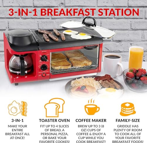 Nostalgia 3-in-1 Breakfast Station - Includes Coffee Maker, Non-Stick Griddle, and 4-Slice Toaster Oven - Versatile Breakfast Maker with Timer - Red - color: Red, style: Classic Retro