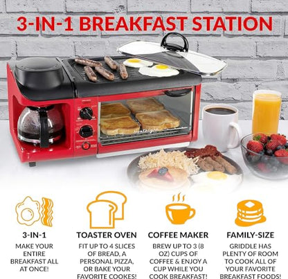 Nostalgia 3-in-1 Breakfast Station - Includes Coffee Maker, Non-Stick Griddle, and 4-Slice Toaster Oven - Versatile Breakfast Maker with Timer - Red - color: Red, style: Classic Retro