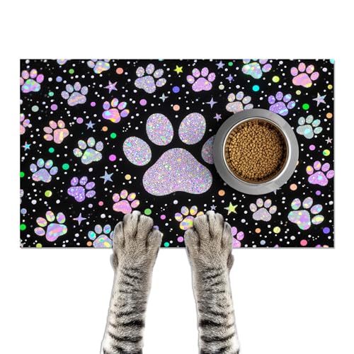 HOMETITUTE Pet Feeding Mats Cat Mat for Food and Water 20" x 12" Glitter Paw Print Cat Bowl Placemat Non-Slip Indoor Feeding Station Cute Pet Meal Mat for Small Pets Kitchen Floor Use - color: colorful3