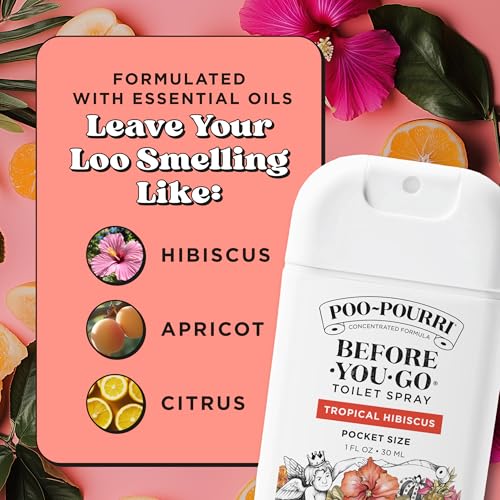 Poo-Pourri Before-You-Go Pocket Toilet Spray, Travel Essentials, Tropical Hibiscus, 1 Fl Oz, Up to 50 Uses, On-The-Go Bathroom Odor Deodorizer with Essential Oils, TSA Approved Size, Hibiscus, Apricot - size: 1 Fl Oz (Pack of 1)