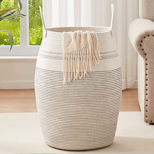 OIAHOMY Laundry Hamper Woven Cotton Rope Large Clothes Hamper 25.6" Height Tall Laundry Basket with Extended Cotton Handles for Storage Clothes Toys in Bedroom, Bathroom, Foldable (Light Grey) - color: White black