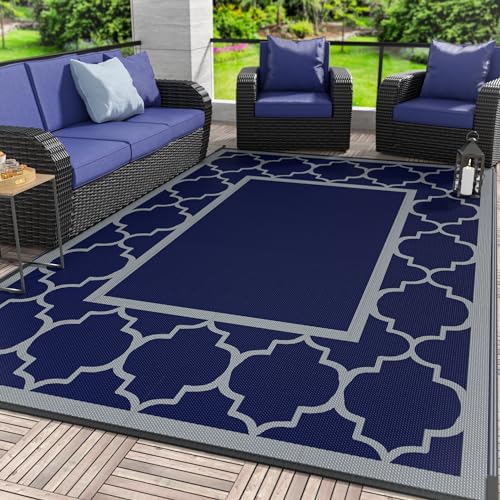 GENIMO 4 ' x 6 ' Outdoor Rug for Patio Clearance, Waterproof Indoor Outdoor Plastic Straw Rugs Carpet, Reversible Outside Area Rv Mat for Camping, Balcony Porch, Deck, Picnic, Beach (Blue & Gray) - color: Blue & Grey, size: 4' x 6' (Rectangular)