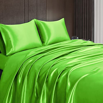 Homiest 3pcs Satin Sheets Set Luxury Silky Satin Bedding Set with Deep Pocket, 1 Fitted Sheet + 1 Flat Sheet + 1 Pillowcases (Twin Size, Lime Green) - color: Lime Green, size: Deep pocket - Twin size