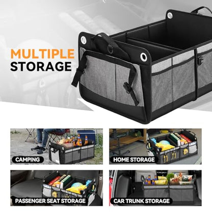 Auto Dynasty Collapsible Car Trunk Organizer, Grey Foldable Cargo Storage Container with Water Resistant Fabric for Car Accessories, SUV, Van, Tools, 2 Compartments