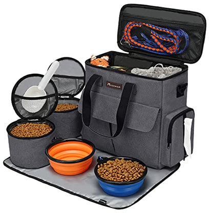 Modoker Airline Approved Pet Travel Bag, Weekend Dog Travel Set for Dog and Cat, Airline Approved Tote Organizer with Multi-Function Pockets 2 Food Storage Containers, 2 Collapsible Bowls (Dark Gray) - color: Dark Gray