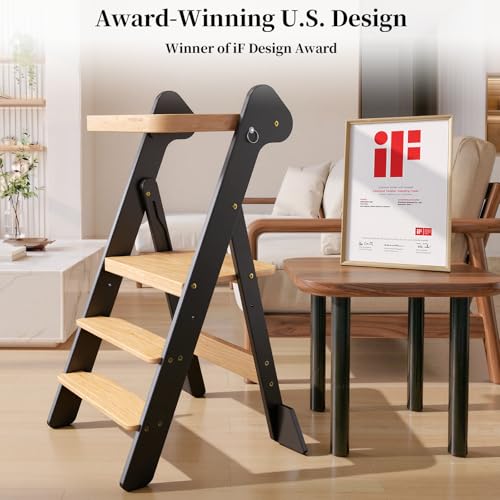 COSYLAND Foldi Foldable Toddler Kitchen Stool - Adjustable Height Toddler Standing Tower with Net & Safety Feet, IF Award-Winning Wooden Learning Step Tower for Kids 18M-6Y, Black & Natural - color: Black & Natural