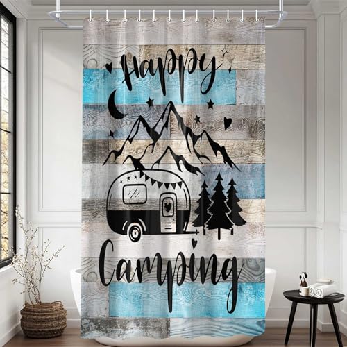 RV Shower Curtain for Bathroom, Happy Camping Shower Curtain Blue Gray Barn Door Bathroom Curtains, Rustic Wood Bathroom Decor Waterproof Travel Camping Bath Curtains with 12 Hooks 47X64 Inch - size: 47"W x 64"L (Pack of 1)