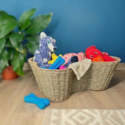 OtterPets Dog Toy Basket, Seagrass Bone Shaped Dog Toy Bin, Handmade Pet Organizer And Storage, Toy Box for Cats (Large (22x14)) - size: Large (22x14")