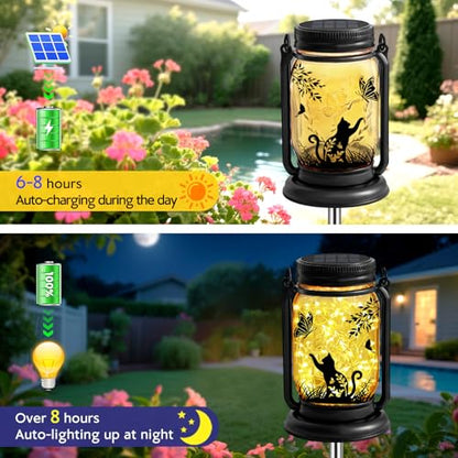 ANGMLN Cat Solar Lanterns 3-in-1 Outdoor Waterproof - Birthday Gifts for Cat Lovers Women Mom Christmas, Mason Jar Hanging Lanterns with Stake, Garden Decor Lights for Patio Yard Balcony Decorations - style: Cat