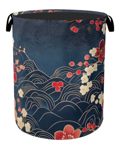Japanese Cherry Blossom Laundry Basket, Blue Large Clothes Hamper Bag with Handles, Space Saving Foldable Design for Nursery - color: Japanese Wave Cherry Blossom