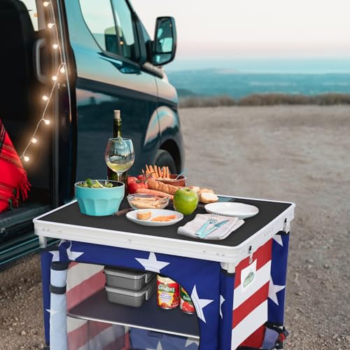 EAGLE PEAK Outdoor Folding Camping Table with Large 3-Tier Storage Organizer and Side Pockets, Easy Set Up Portable Aluminum Camping Kitchen, American Flag