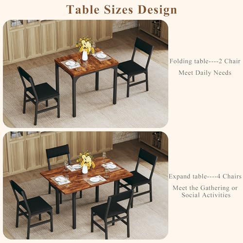 HUAHUU Dining Table Set for 4, Extendable Kitchen Table Cushion Chairs Set of 4, Rectangle Dining Table with Metal Frame & MDF Board, Folding for Small Apartment Saving Space, Rustic Brown - color: Rustic