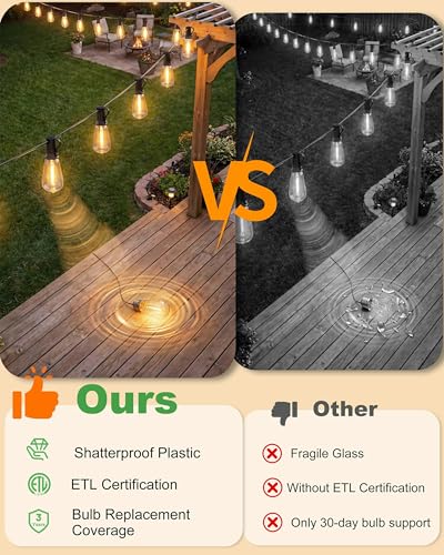 Outdoor String Lights Solar Powered, 108FT Dimmable Solar Patio Lights with Remote & 31 ST38 LED Shatterproof Bulbs, IP65 Waterproof, Dusk to Dawn Outdoor Lights for Backyard, Balcony, Party - size: 108FT (30Bulbs)