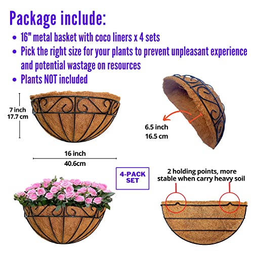LaLaGreen 16 Inch Wall Mounted Flower Baskets, 4 Pack, Large Railing Planter Deck Rail Hanging Plant Pots Holders with Coco Liner Outdoor, Metal Herb Fence Porch Balcony Garden Patio Window Box Trough - size: 16" (40.6cm) x 4 Pack