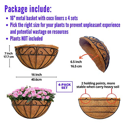 LaLaGreen 16 Inch Wall Mounted Flower Baskets, 4 Pack, Large Railing Planter Deck Rail Hanging Plant Pots Holders with Coco Liner Outdoor, Metal Herb Fence Porch Balcony Garden Patio Window Box Trough - size: 16" (40.6cm) x 4 Pack