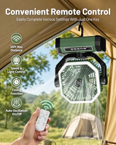 Allsion Camping Fan - 24000mAh Portable Fan, Rechargeable Fan with Light & Remote, Battery Powered Fan 4 Speed Strong Airflow, Desk/Camping/Outdoor/Gym Fan for Office Travel Treadmill Camping Gear