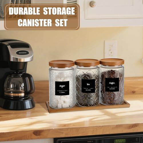 3 Pack 34 oz Glass Coffee Container with Wooden Tray Lid Spoon Labels Clear Airtight Glass Jar Food Storage Kitchen Canisters Set Decorative Coffee Bar Containers for Sugar Candy Tea Flour - size: 34 oz