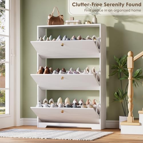 Nicetree Shoe Cabinet with 3 Flip Drawers, Narrow Shoe Organizer Cabinet, Freestanding Shoe Rack Cabinet, Modern Shoe Storage Cabinet for Entryway, Hallway, Foyer, White - color: White, style: 3-Drawers
