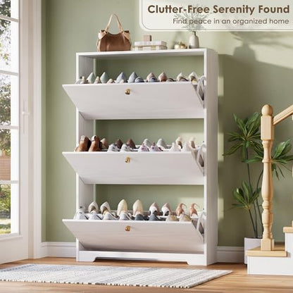 Nicetree Shoe Cabinet with 3 Flip Drawers, Narrow Shoe Organizer Cabinet, Freestanding Shoe Rack Cabinet, Modern Shoe Storage Cabinet for Entryway, Hallway, Foyer, White - color: White, style: 3-Drawers