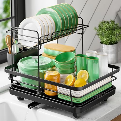 Kitsure Dish Drying Rack for Kitchen Counter, Stainless Steel Sink Organization and Storage Essentials with Cutlery Holder, Home and Appartment Decor, 12''W x 15.5''L, 2 Tiers, Black - color: Black, size: 12''W x 15.5''L - 2 Tiers