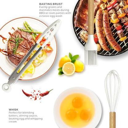 oannao Silicone Cooking Utensils Set - 446°F Heat Resistant Silicone Kitchen Utensils for Cooking,Kitchen Utensil Spatula Set w Wooden Handles and Holder for Non-Stick Cookware (Cream White) - color: Cream White