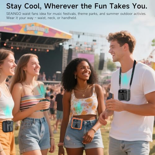 SEAINGO Portable Waist Fan Rechargeable – 10000mAh, 42 ft/s Max, 5 Speeds 16000RPM, Personal Cooling Wearable Clip Body Belt Shirt Fans, Hanging Neck Fan with Light - color: Bright Orange