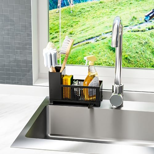 Rustproof Kitchen Sink Organizer for Countertop,Multifunctional Sink Organizer Caddy & Organization,Scrub Brush and Sponge Holder,Plastic Sink Storage Rack,Sponge Drain Rack,Dish Soap Dispenser,Black - style: Countertop