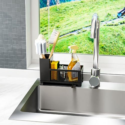 Rustproof Kitchen Sink Organizer for Countertop,Multifunctional Sink Organizer Caddy & Organization,Scrub Brush and Sponge Holder,Plastic Sink Storage Rack,Sponge Drain Rack,Dish Soap Dispenser,Black - style: Countertop