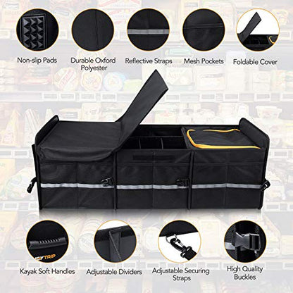 HEYTRIP Large Trunk Organizer With Built-in Leakproof Cooler Bag, 2 Tie-Down Straps, 4 Removable Dividers, Foldable Cover, Built with 2mm PE Board - color: Black