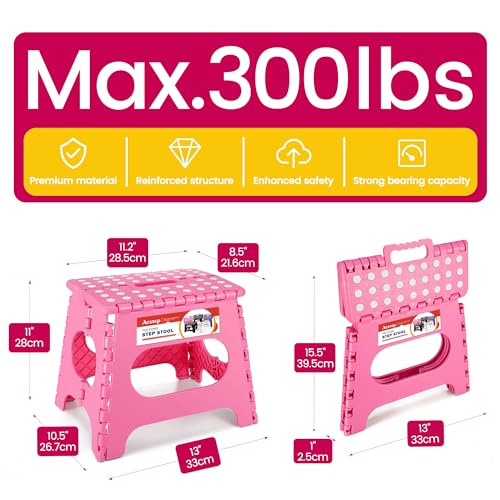 ACSTEP Folding Step Stool for Adults-11 Height Lightweight Plastic Stepping Stool. Foldable Step Stool Hold up to 300lbs Non Slip Collapsible Stool Pink - color: Pink, size: 11 Inch( Pack of 1)