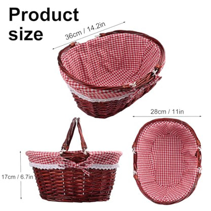 GNIEMCKIN 1 Pack 14.2 Inch Wicker Basket with Handle, Wicker Picnic Baskets with Red Checkered Liner, Oval Willow Woven Basket for Fruit, Wine, Wedding, Picnic(Brown Color) - size: 1 Pack 14.2 Inch Brown