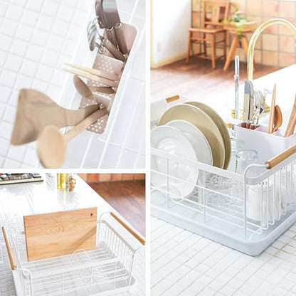 YAMAZAKI Home Dish Drying Rack – Modern White Dish Rack for Kitchen Counter with Removable Drying Tray and Cutlery Holder, Steel + Wood Dish Drying Organizer - Steel + Wood -