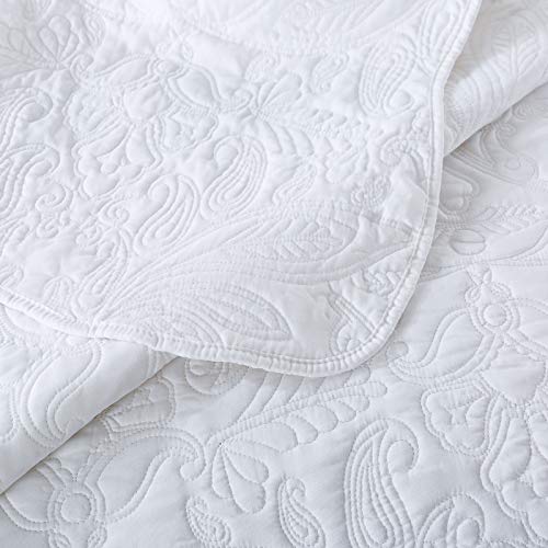 HoneiLife Quilt Set Queen Size - 3 Piece Embroidered Microfiber Bedspread Reversible Coverlet Lightweight Bedcover Paisley Pattern Bedding Set All Season Quilts-White - color: White, size: Queen/Full-90"x96"