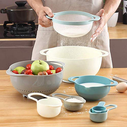 13 Pcs Mixing Bowls Set, RV Camping Accessories Set, Apartment Kitchen Gadget Easy Storage, Inculding Measuring Cups Colander Sifter Large Bowl Whisk Scraper, Great for Cooking and Baking, No BPA - color: Light Blue-1