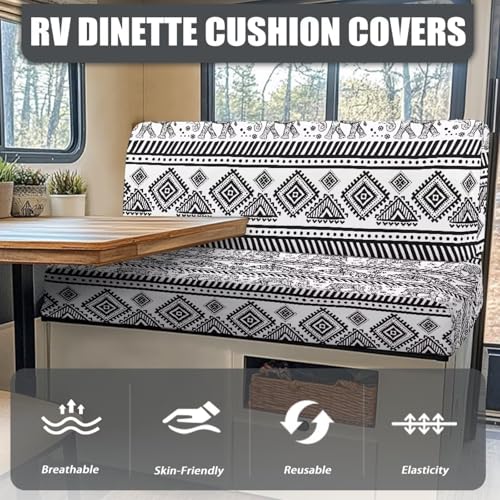 RV Dinette Cushion Covers - Black White Aztec Stretch Slipcovers, 2-Piece Set for Camper Booth Seat Protector, Anti-Slip Furniture Protector (Fits RV Sofa & Travel Trailer) - color: Black White Aztec