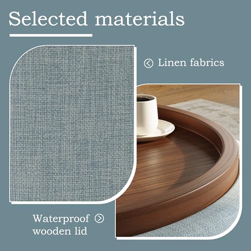 Round Storage Ottoman Coffee Table with Walnut Tray, 30'' Round Ottoman with Storage, Modern Upholstered Coffee Table with with 4 Casters for Living Room, Linen Fabric, Light Blue - color: Light Blue