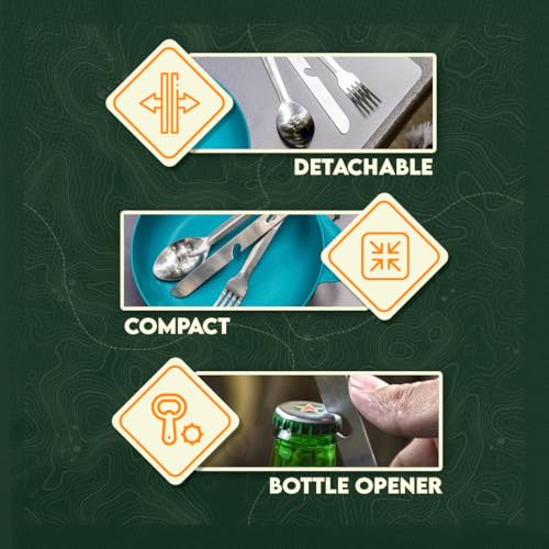 SE 4-in-1 Detachable Stainless Steel Utensil Set - Spoon, Fork, Knife, Bottle Opener - 6.5" Length, Compact for Camping, Hiking, Travel - Includes Clear Pouch - KC7043FSK