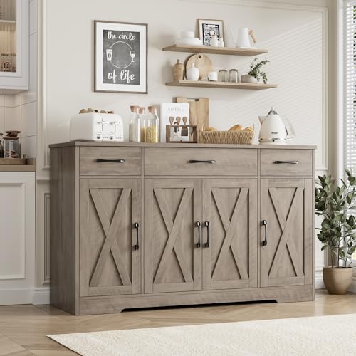 HOSTACK Buffet Sideboard Cabinet with Drawers, 55" Large Buffet Storage Cabinet with Shelves and Doors, Modern Farmhouse Coffee Bar Station for Kitchen, Dining Room, Ash Grey - color: Ash Grey