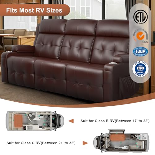 RV Loveseat Recliner Sofa, 3 Seat Wall Hugger Massage Reclining RV Couch with USB, Insert Pockets, Cup Holders, 150° RV Recliners Sleeper Sofa for RV Furniture & Home Theater Seating - color: Brown, size: 3 Seat-G1