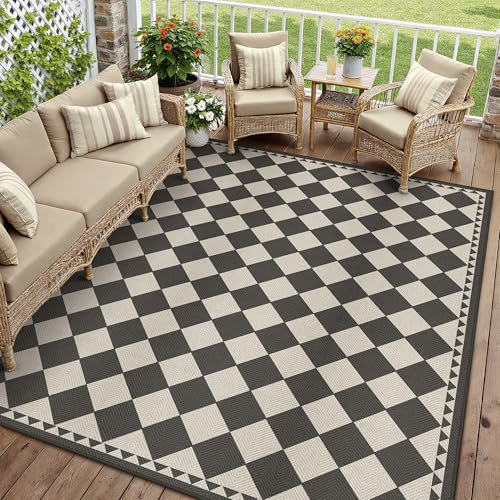 HUGEAR 9x12 Outdoor Rug Black/Beige Linen-Look Fabric Checkered Area Rug High Traffic Stain Resistant Easy Clean Durable Rugs for Indoor/Outdoor Patio Deck Balcony Porch Garden Courtyard - color: Jute-check|black/Beige, size: 9' x 12' (Rectangular)