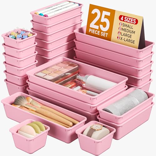 KEMETHY 25 PCS Plastic Drawer Organizers Set, 4 Sizes Vanity Organizer, Makeup and Desk Drawer Organizer Trays, Organization and Storage for Makeup, Bathroom, Kitchen Utensils and Office (Pink) - color: Pink