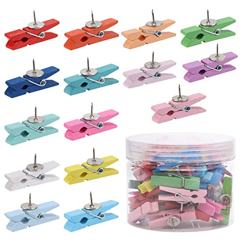 50Pcs Wooden Clips Push Pins Tacks for Cork Board Artwork for Crafts Arts Projects Photo Supplies(Colorful) - color: 50-colorful