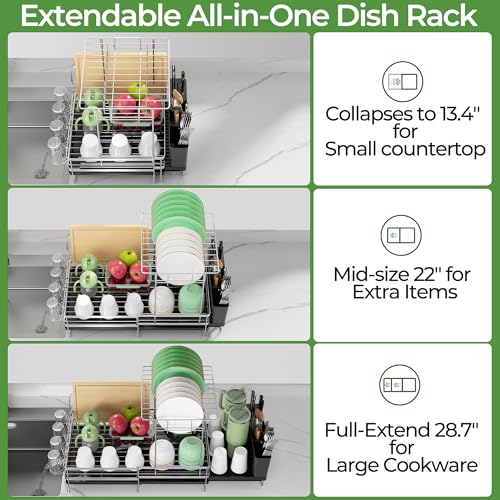 Large 2 Tier Dish Drying Rack, Extendable Dish Rack, Stainless Steel Anti-Rust Dish Rack for Kitchen Counter, Multifunctional Dish Drainer with Utensil & Cup Holder, 13.4"-28.7" L x 11.8" W - color: Silver, size: 2 Tier