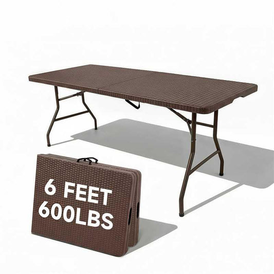 Folding Table 6 Foot, Heavy Duty 600LBS Capacity, HDPE Wicker Pattern Table with Safety Lock, Portable for Camping, Party, Indoor & Outdoor Use, 2 Pack. - color: Brown-wicker Pattern, size: 6FT-2 PACK, style: Heavy Duty