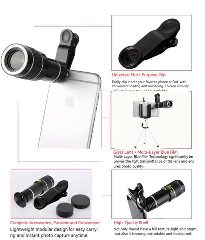 12X Long Focus Telephoto Phone Lens for iPhone and Android, Zoom Cellphone Camera Lens with Phone Clip for Picture Video Taking Long Distance Photography Travel - color: 12x