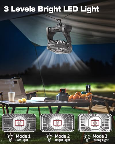 AEscod Portable Camping Fan, Rechargeable Battery Operated with LED Lights, Hanging Hook, 270°Rotation, 20000mAh Battery Powered Fan for Beach, Office, Picnic, Fishing, Travel, Tent