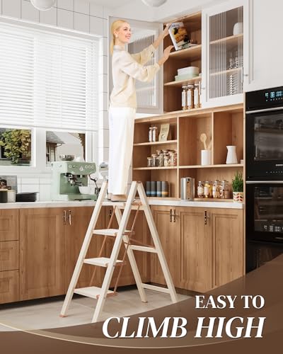 4 Step Ladder, Folding Step Stool with Wider Pedal, Anti-Slip Feet & Non Slip Stripes, Aluminum Sturdy Material, 300Lbs Capacity, Elegant Look of Cream Chocolate Better Matches Your Home - color: Cream Chocolate, size: 4 Step