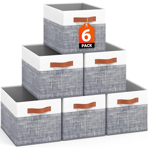 Fab totes Collapsible Storage Baskets for Shelves,14"x10", 6 Pack Foldable Fabric Storage Bins with Double Leather Handles, Large Baskets for Organizing Books, Clothes, White & Grey - color: Grey, size: 6Pack