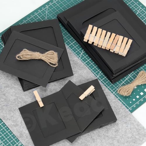 Keadic 105PCS Paper Picture Frames 5 Sizes Black Cardboard Photo Frame with Wooden Clips and Strings Photo Display Banner for Home Office Wedding Party Decor